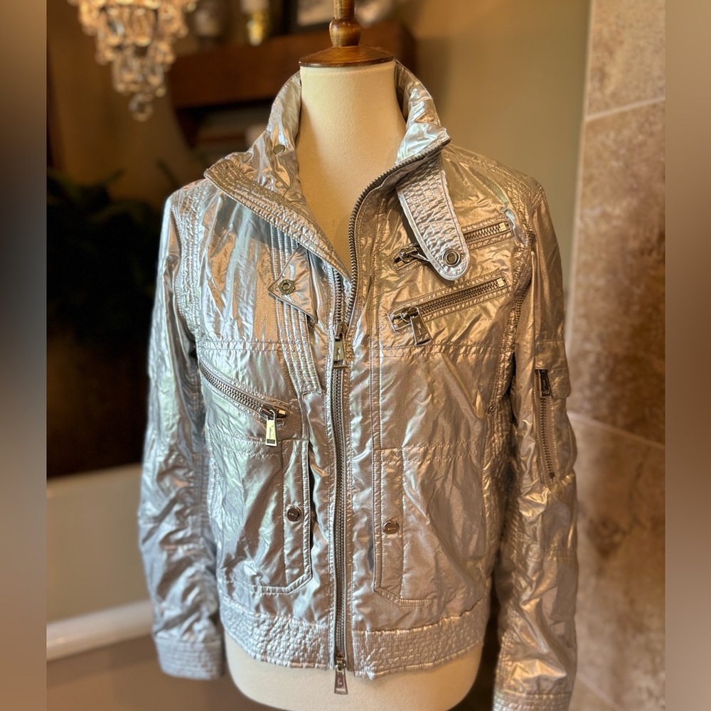 RALPH LAUREN Black Label Size 10 Silver Nylon Blend Metallic Zip Up Jacket